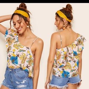Small One Shoulder Ruffle Floral Cream Top
